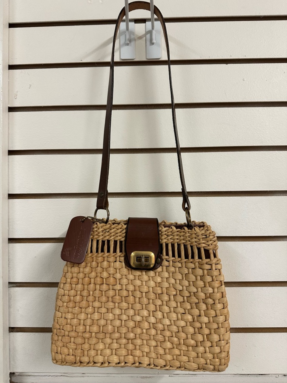 Woven Straw Shoulder Bag with Brown Leather Trim